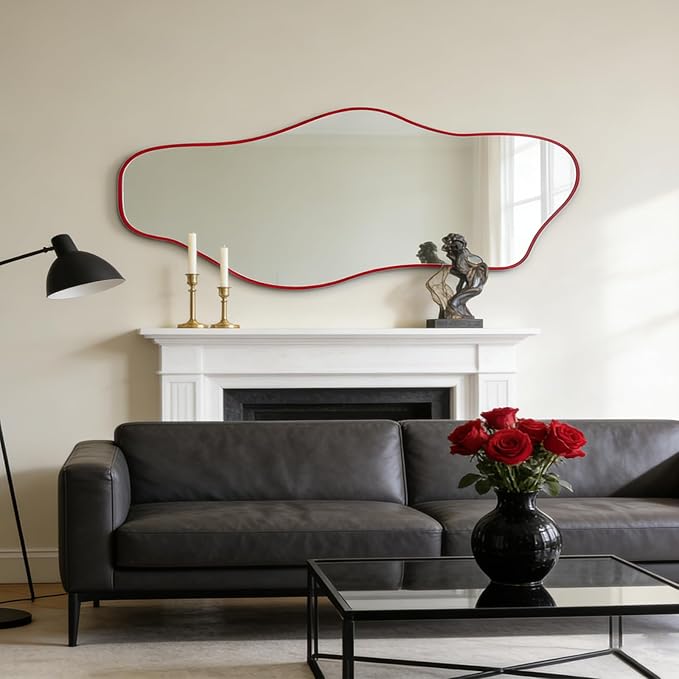 Irregular Wall Mirror, 60"x24" Red Asymmetrical Tempered Glass Mirror, Large Modern Organic Frameless Mirrors for Living Room Bedroom Hallway Entryway, Horizontal or Vertical Hanging