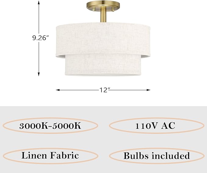 12 Inch LED 18W Adjustable 3000/4000/5000 Gold Double Drum Linen Fabric Shade Semi Flush Mount Close to Ceiling Light Fixture for Bedroom,Living Room,Dining Room Hallway