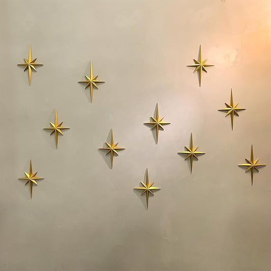MidModArt 16PCS Mid Century Modern 3D Star Wall Art Gold Retro Starburst Sculptures Vintage Celestial Home Decor, Gold Starburst-Combo