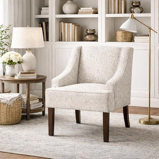 Homepop Home Decor | Upholstered Classic Swoop Arm Accent Chair | Accent Chairs for Living Room & Bedroom | Decorative Home Furniture, Cream and Gray Vintage Stencil
