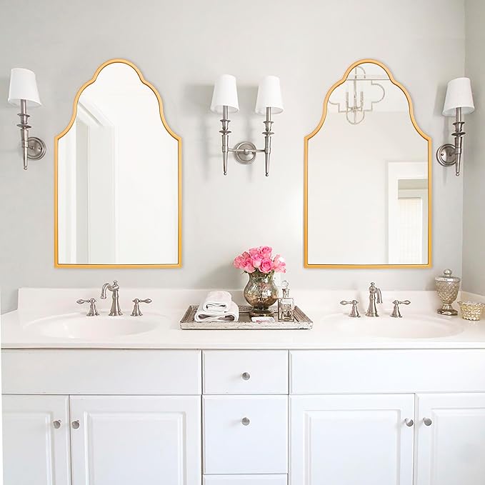 Chende Gold Scalloped Mirror, 40'' x 28'' Decorative Mirror with Wooden Frame, Elegant Arched Mirror for Living Room, Bathroom, Entryway