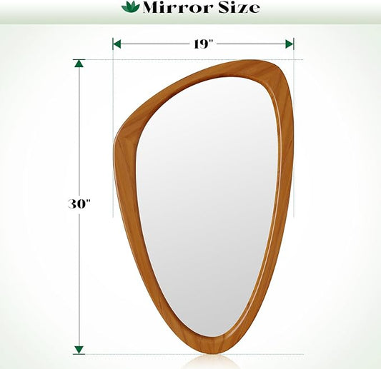 Asymmetrical Wall Mirror, 19x30 Inch Irregular Wall Mirror, Mid Century Modern Mirrors with Pine Wooden Frame for Living Room Bedroom Bathroom Entryway Hangs Horizontally or Vertically