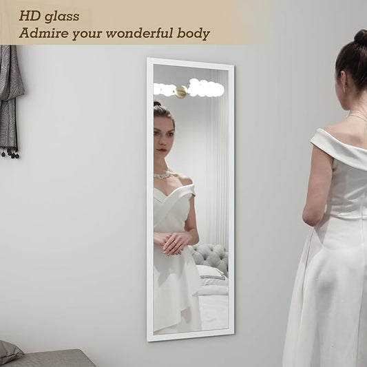 whitebeach 48" x 16" Over The Door Full Length Mirror Wall Mounted Hanging with 2 Metal Hangers for Bedroom Living Room Bathroom White