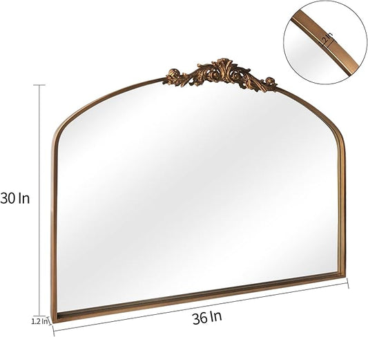 HQiJun Gold Wall Mirror, Large Arched Vintage Baroque Ornate Mirrors, Traditional Decorative Antique Brass Mirror for Entryway, Living Room, Bedroom, Bathroom Vanity, Fireplace Mantel(Gold,29"x36")