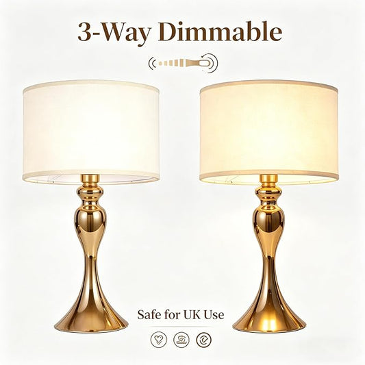 Gold Table lamp Set of 2 mid Century Modern Unique Decorative Cylinder smart end Side Bedside Night Cream dimmable for Bedroom