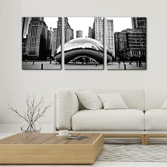 3 Pieces Black and White Wall Art - The Millennium Park in Downtown Chicago Photograph Picture Print on Canvas - Cloud Gate Canvas Wall Art for Modern Home Decor Ready to Hang - 12" x 16" x 3
