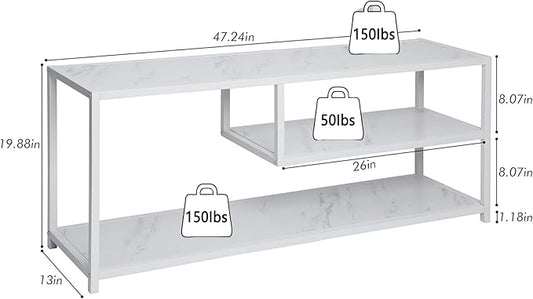 Function Home TV Stand for TVs up to 55 Inch, 3 Tier Entertainment Center, Media Console with Open Storage Shelves for Living Room Bedroom, 47โ Modern TV Table with Wood Top White Metal Legs