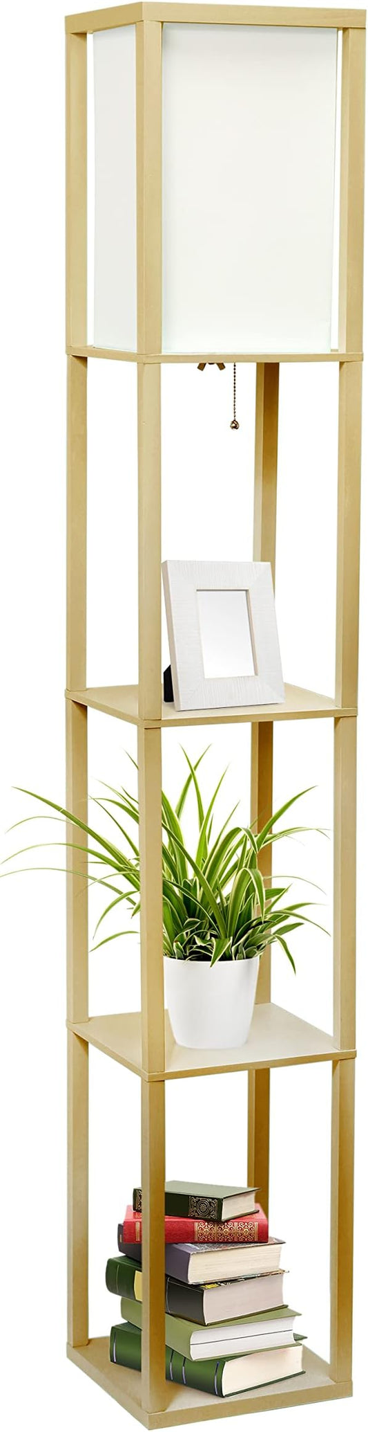 Simple Designs LF1014-TAN Etagere Organizer Storage Shelf Linen Shade Floor Lamp, Tan