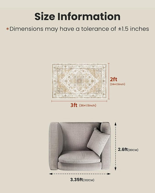 AMADA HOMEFURNISHING 2x3 Washable Area Rug, Low-Profile Entryway Rug with Non-Slip Backing & Durable Edge Binding, Vintage Rug Pattern, Small Rugs for Entryway, Kitchen & Living Room
