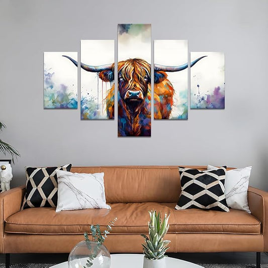 Yatsen Bridge Graffiti Cow Pictures 5 Panels Highland Cow Wall Art Farmhouse Posters Canvas Prints Painting Animal Wall Decor Artwork Home Office Framed Ready to Hang - 60''W x 40''H