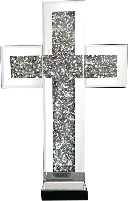 Aeveco Crystal Crush Diamond Mirrored Candle Sconces, Silver Wall Candle Holder Set of 2, Wall Decoration for Living Room,Dining Room (Silver Cross)