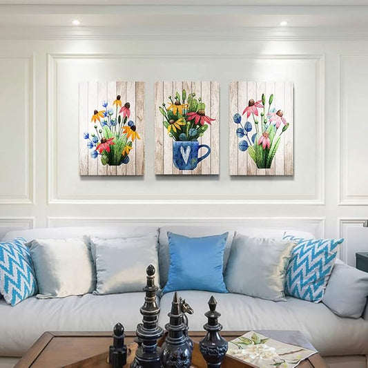 Lapremoly Wall Art for Kitchen Large Wall Decor for Living Room Bedroom Decorations Room Wall Decor 3 Pieces Framed Canvas print Artwork Modern Office Home Decor Vintage Wood Grain Flowers Painting