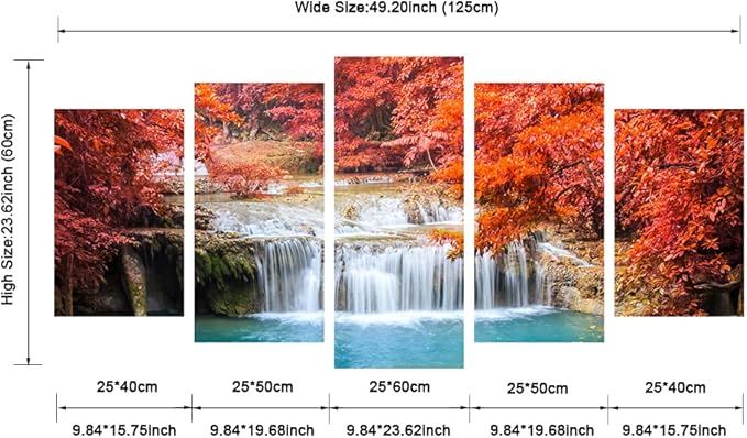 Pyradecor Red Forest Waterfalls Canvas Prints Wall Art Tree Pictures Paintings for Living Room Bedroom Home Decorations Modern 5 Panels Stretched Pretty Landscape Artwork