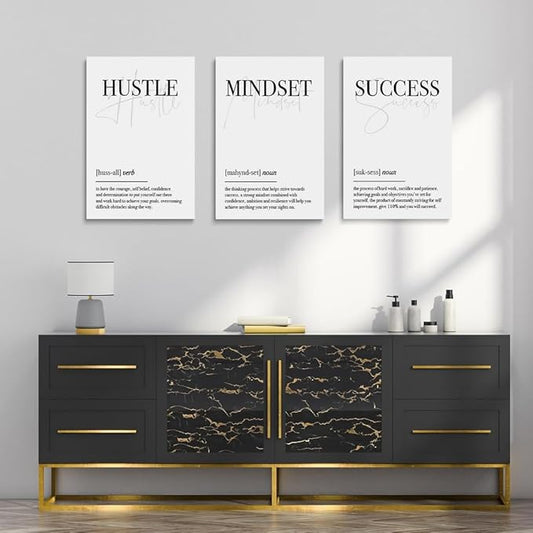 GUBIYU Hustle Mindset Success Wall Art Set of 3 Framed Canvas Black and White Motiviational Wall Art Home Office Wall Decor Inspirational Positive Quotes Posters Success Entrepreneur Gifts 20"x28"