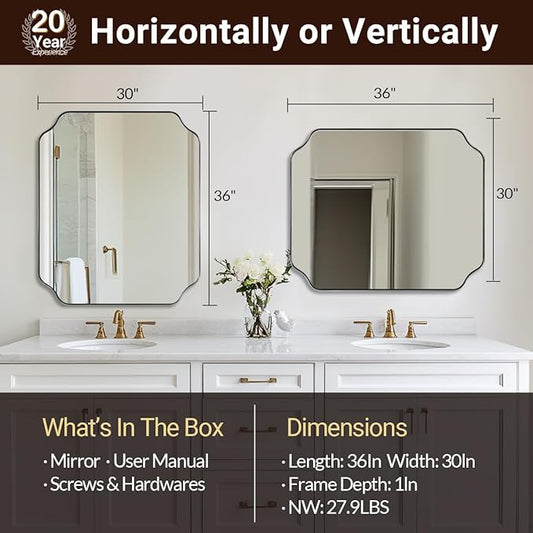 ANDY STAR 30x36 Inch Brushed Nickel Mirror, Silver Bathroom Mirror for Over Sink, Rounded Notched Corner Mirror in Anti-Rust Stainless Steel Metal Thin Frame, Wall Mount Vertically or Horizontally