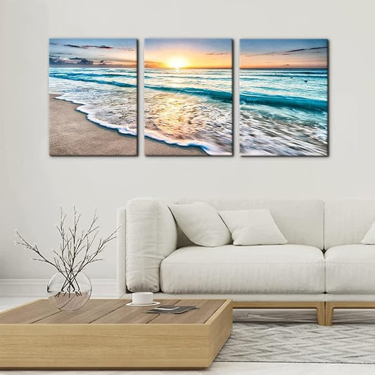 Pacimo 3 Panels Beach Canvas Wall Art for Home Decor Blue Sea Sunset White Beach Painting The Picture Print on Canvas Seascape The Pictures for Home Decor Decoration Ready to Hang - 12" x 16" x 3