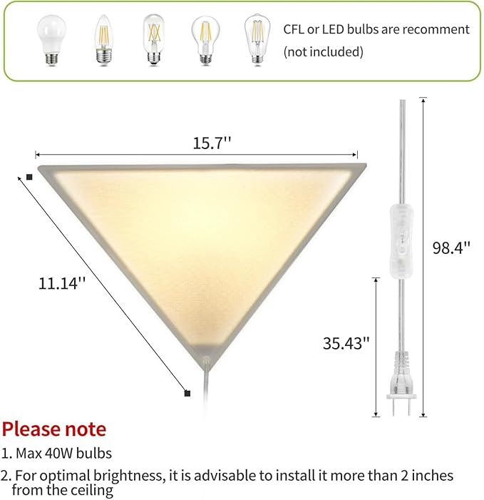 Corner Light with Switch, Ceiling Corner Lights for Living Room, Plug in Ceiling Light for Dark Area, Lamp for Bedroom, Kids Room, Triangle Shape, Linen, Eco-Friendly (2 Pack)