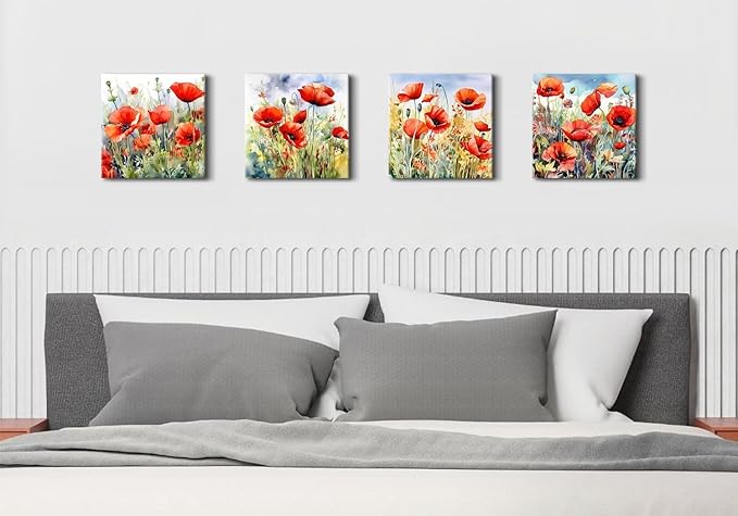 Red Poppy Floral Canvas Wall Art Bedroom Wall Decor Abstract Watercolor Poppies Picture for Living Room Bathroom Nature Botanical Paintings Prints Poster Wildflower Artwork Home Decoration 12x12” 4Pcs