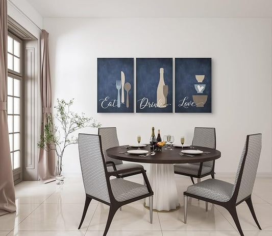 GUBIYU Premium Navy Blue Wall Art Set of 3, Large Dining Room Kitchen Signs - Eat Drink Love Wall Art for Home, Living Room, Bar or Cafe - 16"x24" Each