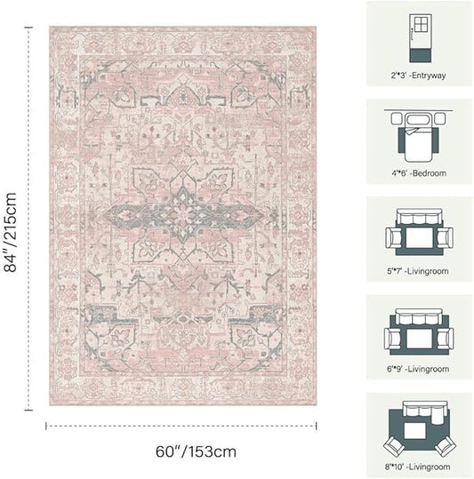 Rugxara Pink Rug for Living Room Bedroom, 5x7 Washable Area Rugs, Cute Boho Style, Non Slip & Low Pile Faux Wool Carpet for Indoor Nursery Room, Classroom Dorm, Kids Room and Dining Room(Pink 5x7ft)