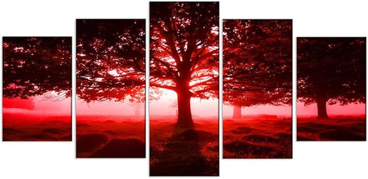 Ephany Modern Red Tree Wall Art - Landscape Picture Canvas Print, 80"x40" (5pcs) for Living Room Decorations