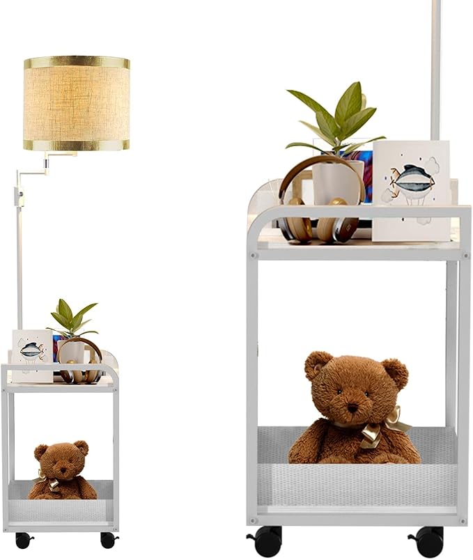 Lightdot 63IN Floor Lamps with Table&Basket, Modern Standing Tall Lamps with Adjustable Fabric Shade and Movable Casters, End Table Lamp for Living Room/Sofa Beside/Corner Decor-White(Bulb Included)