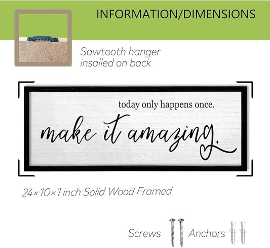 TQianJiang Inspirational Wall Decor Today Only Happens Once Make It Amazing Sign 24"×10" Farmhouse Positive Motivational Quote Wall Art Large for Home Office Living Room Wood Framed Hanging (Black)