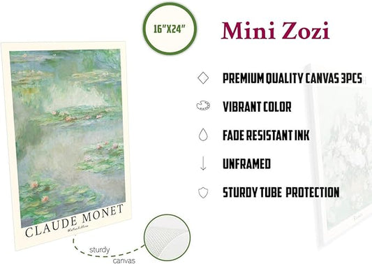 MINI ZOZI Sage Green Canvas Wall Art 16X24 Set Of 3 Matisse Van Gogh Monet Flower Prints Wall Decor Large Mid Century Modern Aesthetic Over Bed Poster Painting Master Bedroom Living Room…