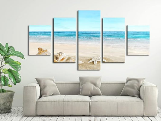 Pyradecor Seashell Large 5 panels Seascape Canvas Prints on Modern Stretched Canvas Wall Art Sea Beach Pictures Artwork for Living Room Bedroom Home Decorations L