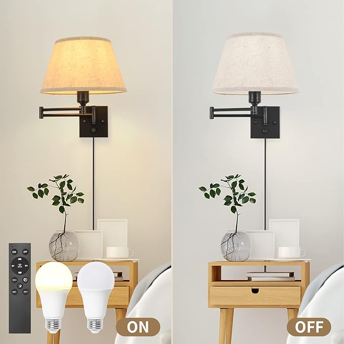 TRLIFE Wall Sconce Plug in, Remote Control Dimming 10-100% and Adjustable Color Temperature 2700K-6500K Swing Arm Wall Lights with Plug in Cord, 11.8" Large Beige Fabric Shade(2 Pack, 2 Bulbs)