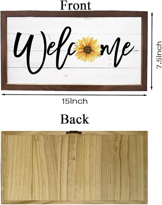 Sunflower Welcome Sign, Welcome Decoration for Front Door, Porch Decor Signs, Rustic Wall Decors, Decorative Wooden Plaques, Housewarming Gift, Wooden Framed Wall Decor 15×7.5×0.3 inches