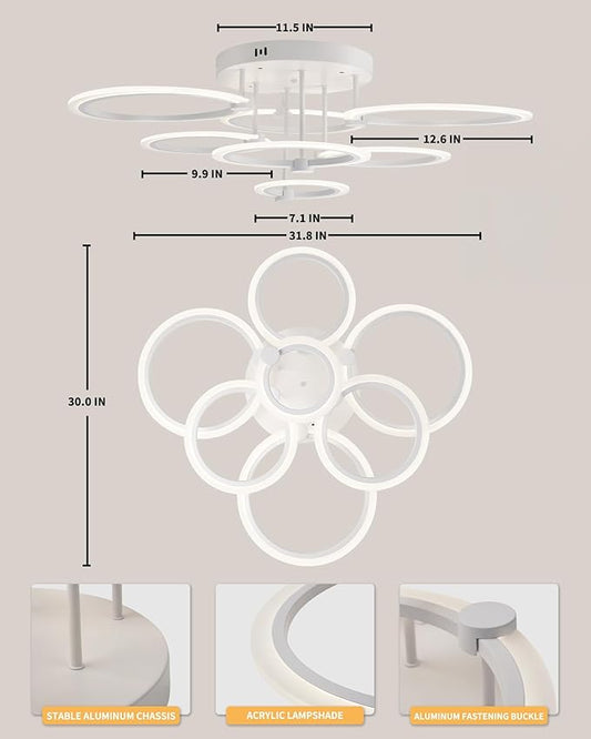 Modern LED Ceiling Light Dimmable Ceiling Light Fixtures with Remote 7 Rings White Close to Ceiling Lights 31.8" 130W 3000K-6500K Flush Mount Ceiling Lamp for Living Room,Bedroom,Kitchen