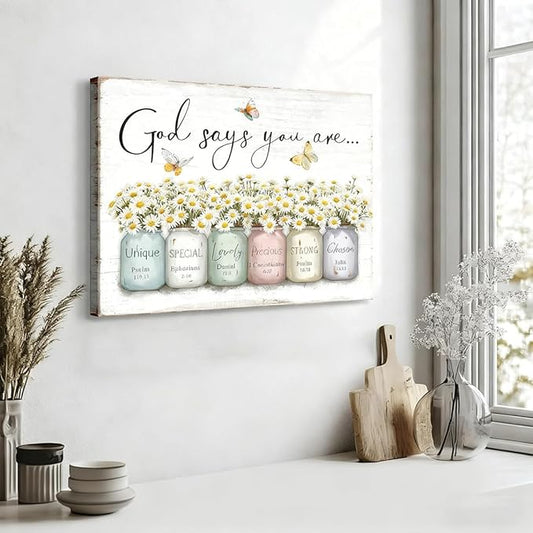 Inspirational Bible Verse Wall Art God Says You Are Sayings Wall Decort Christian Gift Quotes Painting scripture Pictures Print Flowers in Mason Jar Poster for Women Girls Bedroom(16x12 Canvas)