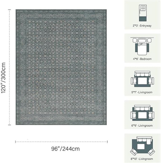 8x10 Washable Area Rug for Living Room, Extra Large Vintage Boho Rugs for Dining Room, Kids Room, Farmhouse, Durable Low Pile Non Slip Carpet for High Traffic Areas, Soft Blue