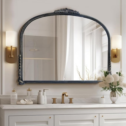 OUSHUAI Black Vintage Wall Mirror,Antique Wide Mirror Decor,Arched Big Mirror for Entryway/Bathroom/Fireplace 37"X29"