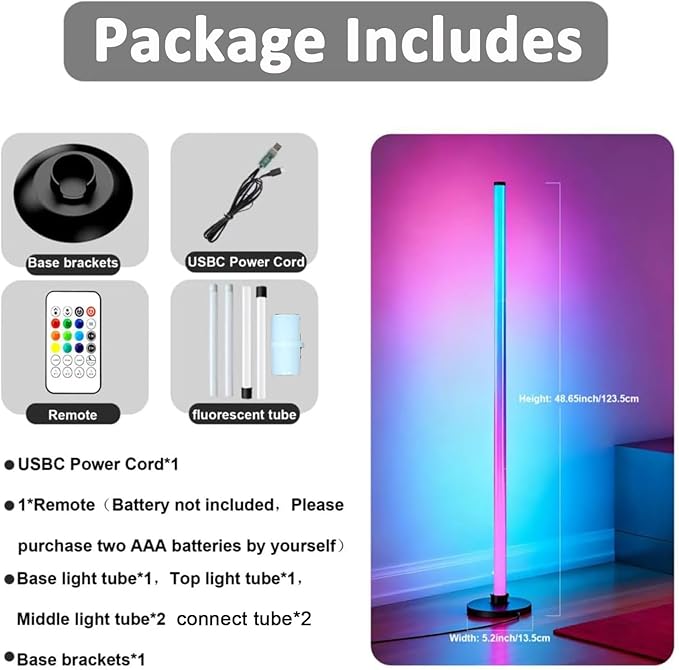 ICRGB Floor Lamp, Smart LED Corner Standing Light, 123.5cm, USB Powered, App & Remote Control, 16 Million Colors, for Bedroom Living Room Gaming Room Decor
