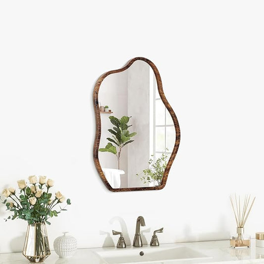 Small Asymmetrical Irregular Wall Mirror Wood Frame Mirror Unique Modern Wall-Mounted Artistic Cloud Shape Mirror Decor for Bathroom Bedroom Living Room Entryway Hallway Vanity