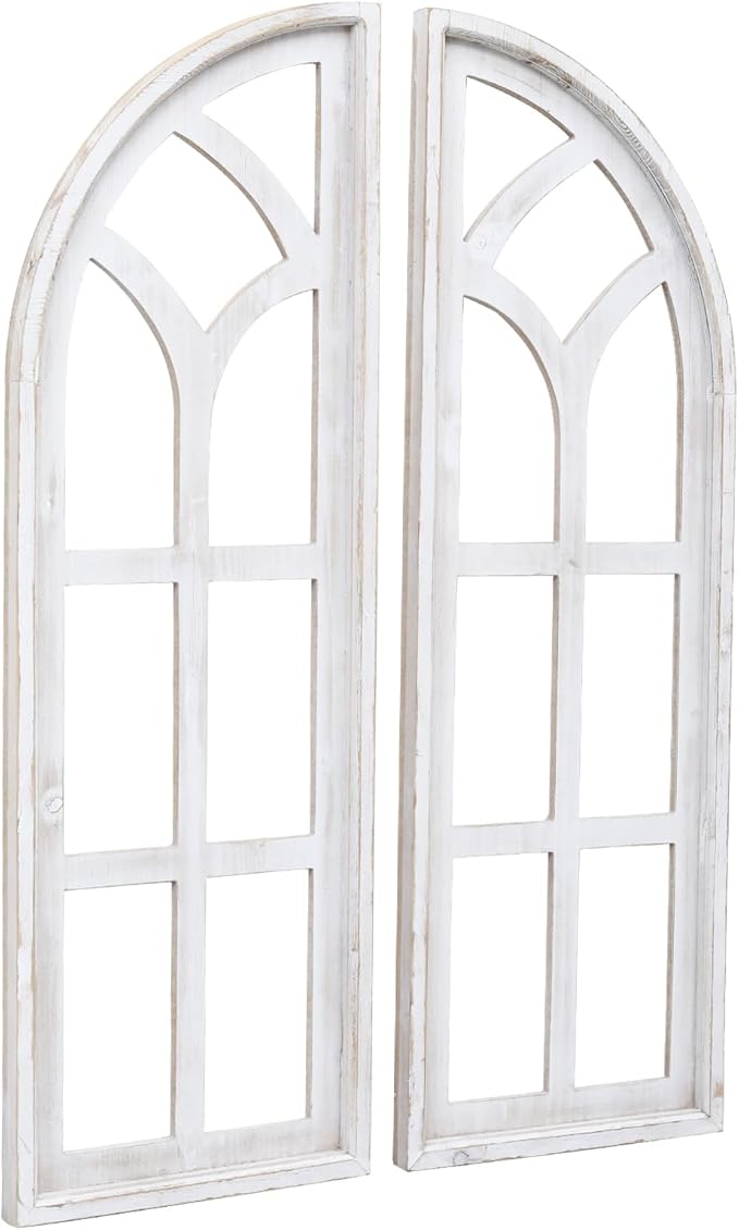 SwallowLiving Set of 2 Cathedral Arch Window Frame Wall Decor - 36" Large Rustic Farmhouse Wood Wall Art - Distressed White Architectural Hanging for Living Room, Entryway & Mantel (NO WREATH)