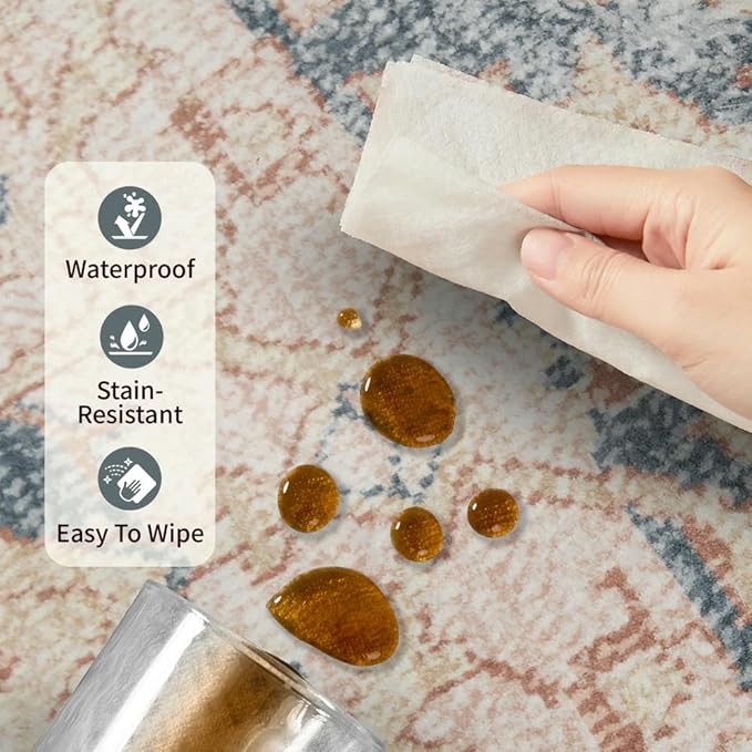 Rugxara 4x6 Rug for Living Room Bedroom, Washable Throw Rugs, Vintage Retro Boho Area Rug, Non Slip & Low Pile Accent Throw Carpet for Indoor Dining Room, Kids Room and Office(Coral Blue 4x6ft)