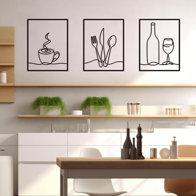 3 Pieces Metal Minimalist Line Kitchen Signs Wall Decor Drawing, Rustic Kitchen Art Wall Decor for Kitchen Dining Living Room Home, 14.2 x 11 Inches (Elegant)