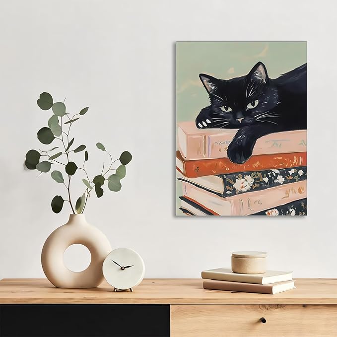 Framed Black Cat Canvas Wall Art, Funny Cat lying on a pile of books Painting, Abstract Animal Posters Prints Wall Decor for Living Room Bathroom Gallery Dining Room Decor 16x24 inch