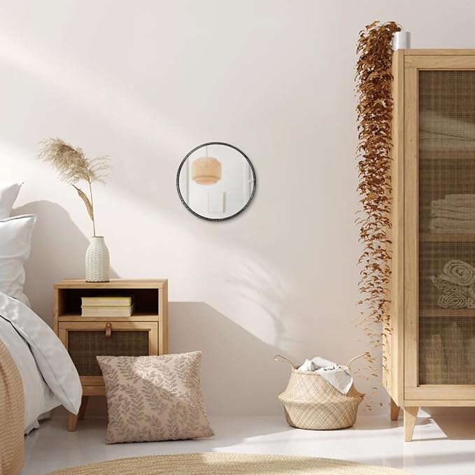 JJUUYOU Rustic Round Mirror, Hanging Wall Decorative Small Mirror Natural Wooden Farmhouse Frame with White Wash Edge for Bedroom, Bathroom or Dorm 23CM