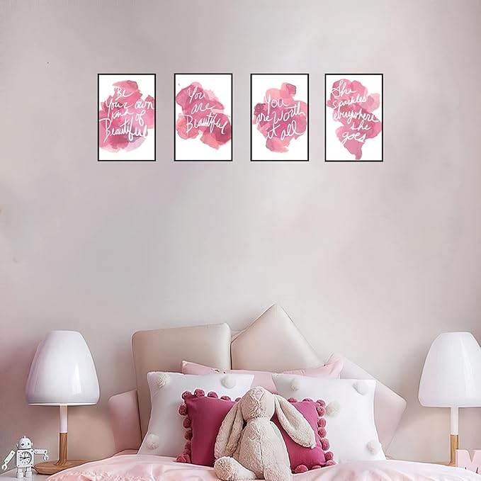 Set of 4 Framed Motivational Wall Art Quote Pink Woman's Room Home Decor, Canvas Painting Posters Print Pictures Positive Words for Office Bedroom Decoration