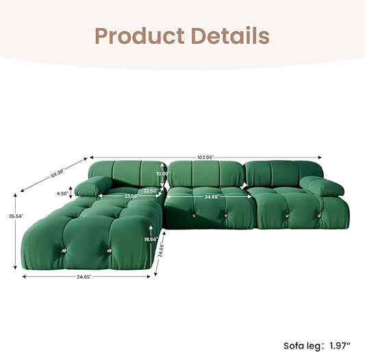 104'' Modular Green Sectional Couch, L-Shaped Velvet Bubble Couch with Reversible Chaise Ottoman, Modern Sectional Couches for Living Room, Apartment (3 Seats, 1 Ottoman, Green)