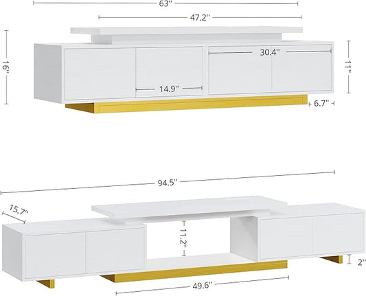 LIKIMIO Extendable TV Stand for 65-90 Inches TVs, Adjustable Length 63''-94.5'', Modern White Entertainment Center with Storage Cabinets, Charging Station & LED Lights, Media Console for Living Room