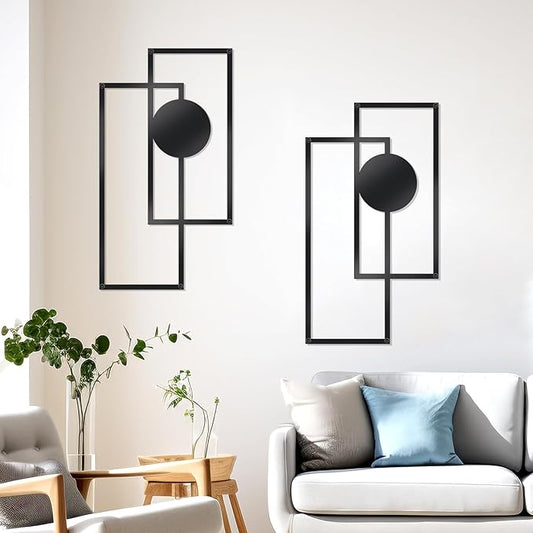 OYEFLY 2 Pcs Metal Abstract Wall Art,Modern Geometric Decor (Black, style 3)