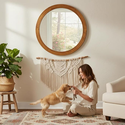 ZIYOO 30 Inch Round Wood Wall Mirror, Farmhouse Rustic Circle Mirror, Wall Mounted Decorative Mirror for Bathroom Vanity, Living Room, Entryway, Bedroom, Vanity, Hallway