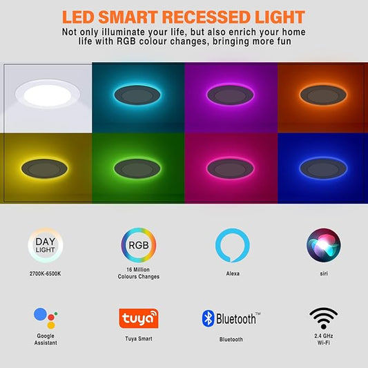 6Pack Smart RGB Recessed Light 6Inch,Ultra-Thin Canless LED Downlight,2.4GHz Wi-Fi Bluetooth Direct Connect,2700K-6500K,12W,2640lm,Work with App/Alexa/Google Assistant/Siri