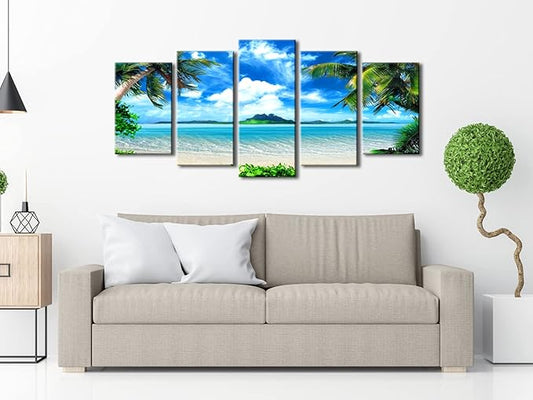 Pyradecor Modern 5 Panels Blue Sea Beach Pictures Paintings on Canvas Wall Art Stretched Contemporary Landscape Ocean Canvas Prints Artwork for Bedroom Home Decorations