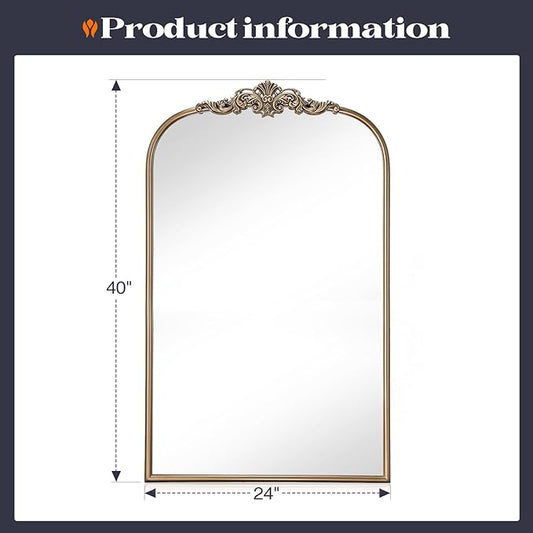 Gold Vintage Mirror, 24” x 40” Arched Ornate Baroque Mirror for Fireplace Mantel, Antique Brass Bathroom Mirrors for Wall with Metal Frame for Entryway, Bedroom, Living Room